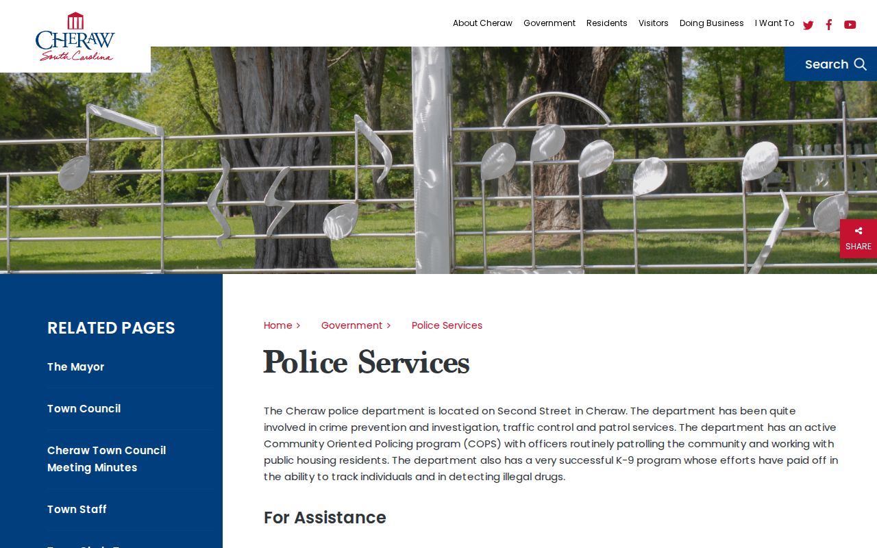 Cheraw Police Department official services page for local arrest-record contact information