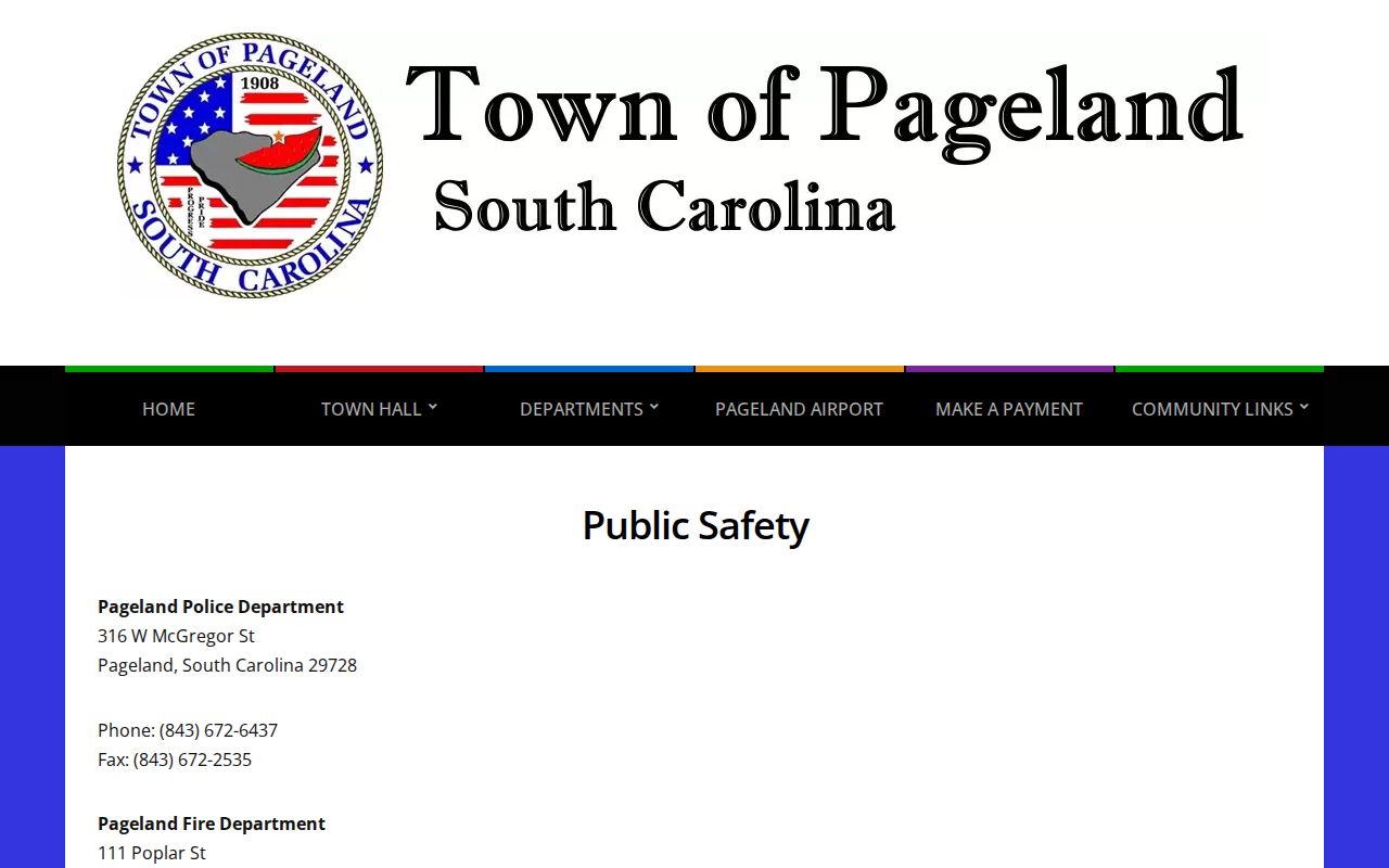 Pageland Police Department official public safety contact page for arrest-record requests